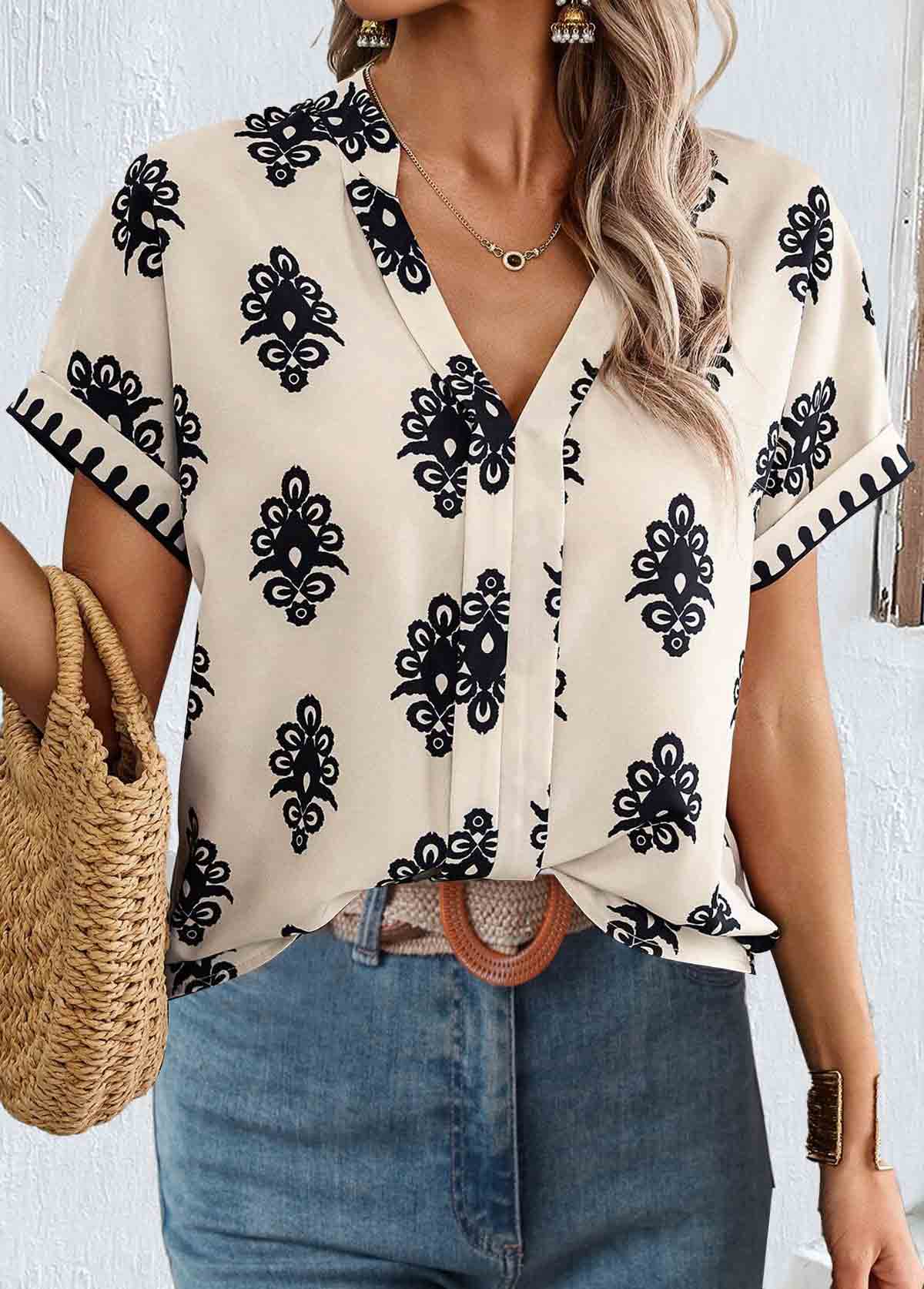 Light Camel tops,Tribal tops,ROTITA Patchwork Tribal Print Light Camel Split Neck Blouse
