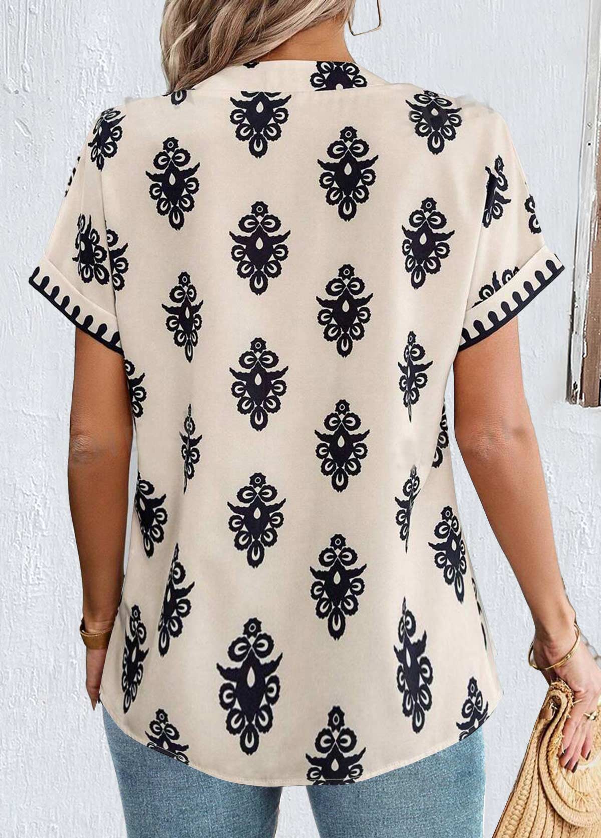 Light Camel tops,Tribal tops,ROTITA Patchwork Tribal Print Light Camel Split Neck Blouse