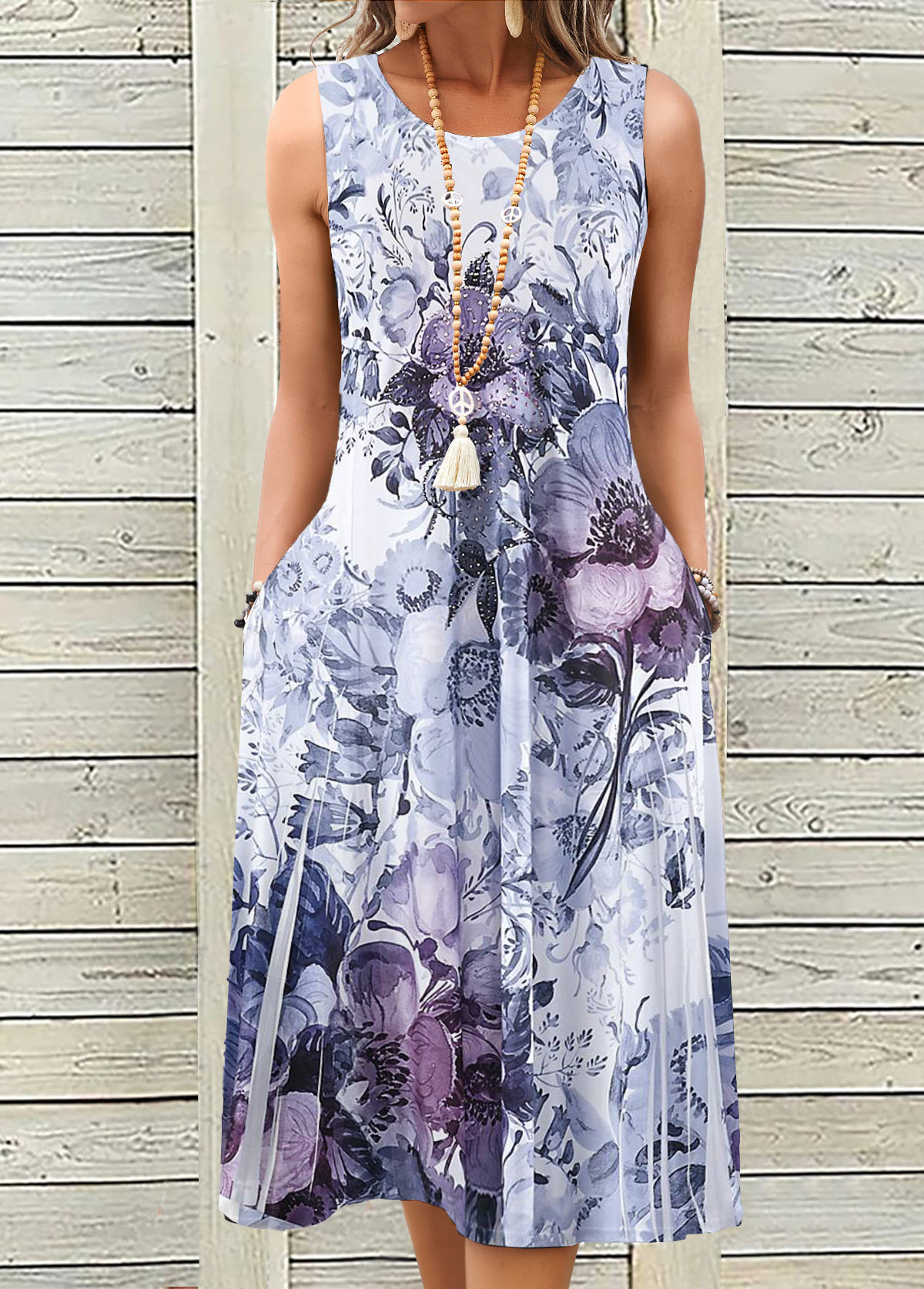 ROTITA Breathable Floral Print Dusty Purple A Line Sleeveless Dress
