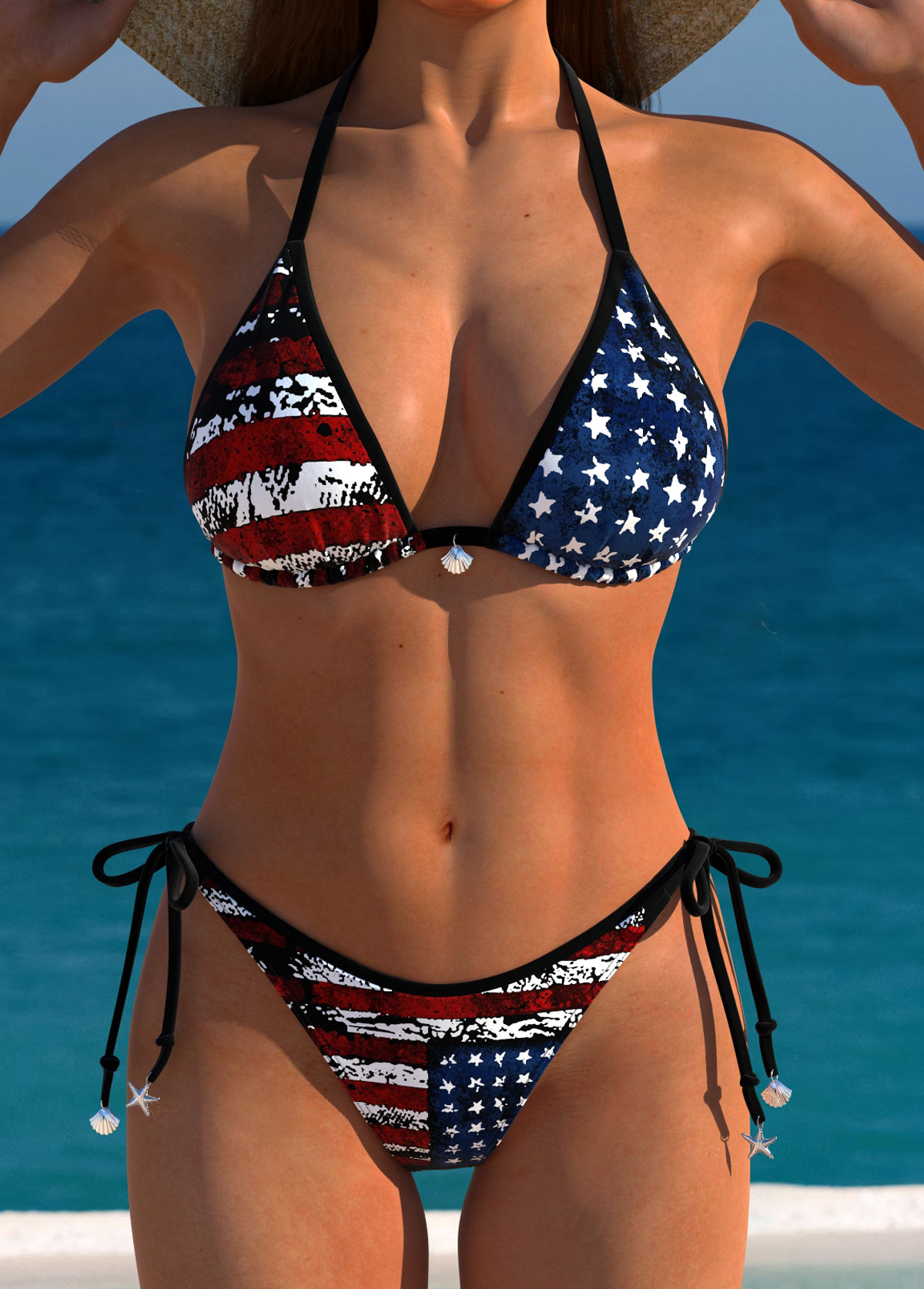 ROTITA Bowknot Red American Flag Print Bikini Set
