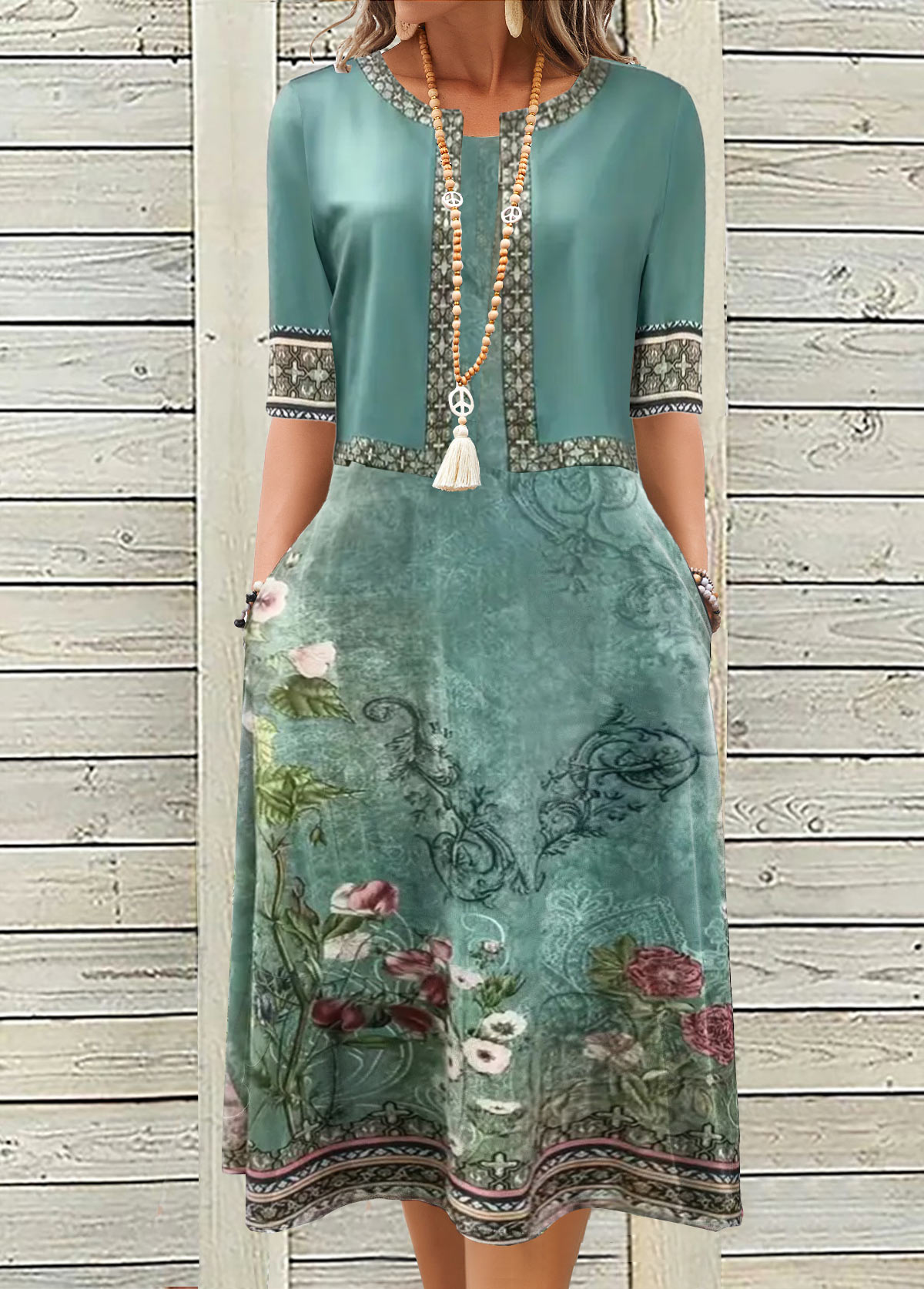 Rotita - Robe et cardigan turquoise à imprimé floral deux pièces