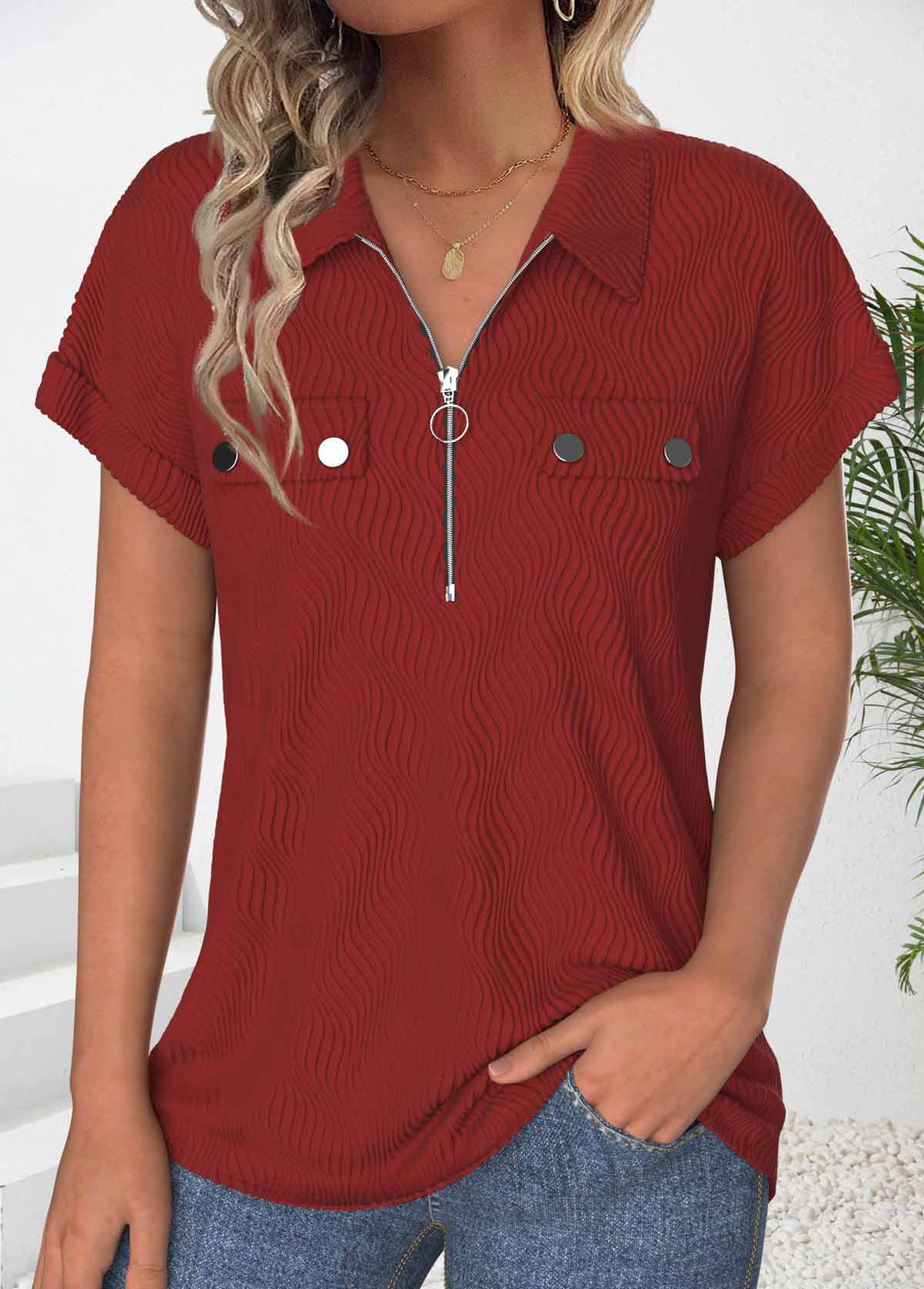 ROTITA Zipper Wine Red Polo Collar Short Sleeve Shirt