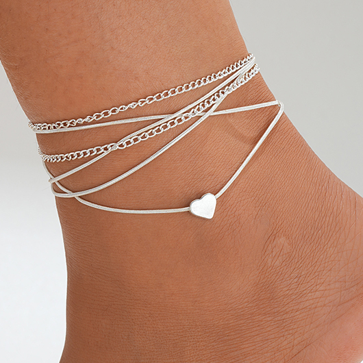 bracelet de cheville en alliage blanc argenté à cœur superposé