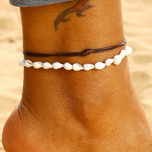 Conch Detail Layered White Anklets Set