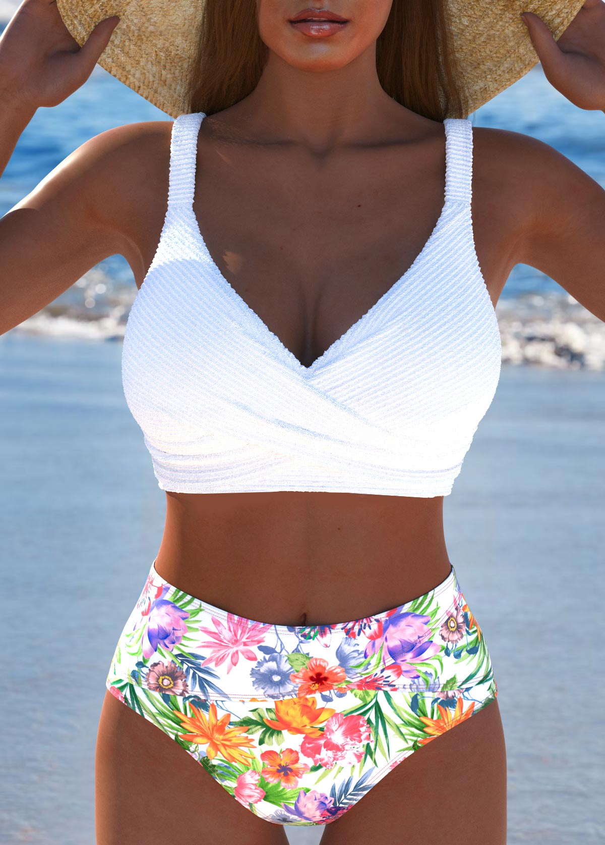 ROTITA Criss Cross White Floral Print Bikini Set