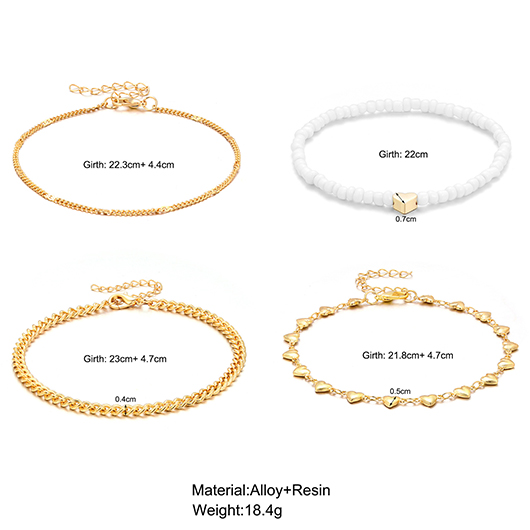 Gold jewelry,Heart jewelry,Heart Gold Alloy Beaded Layered Anklets