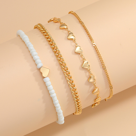 Gold jewelry,Heart jewelry,Heart Gold Alloy Beaded Layered Anklets