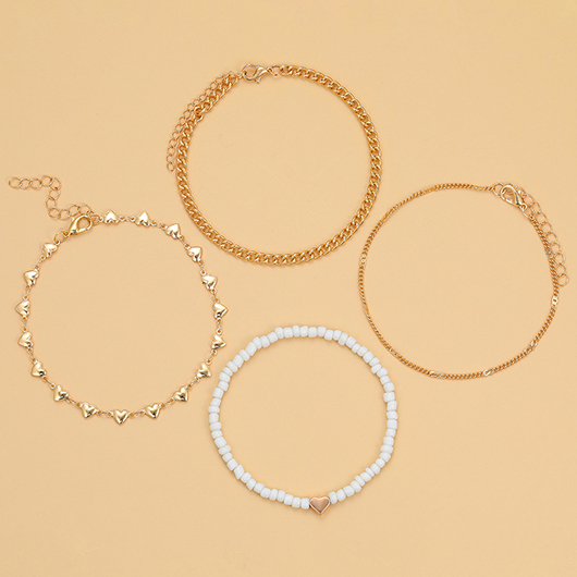 Gold jewelry,Heart jewelry,Heart Gold Alloy Beaded Layered Anklets
