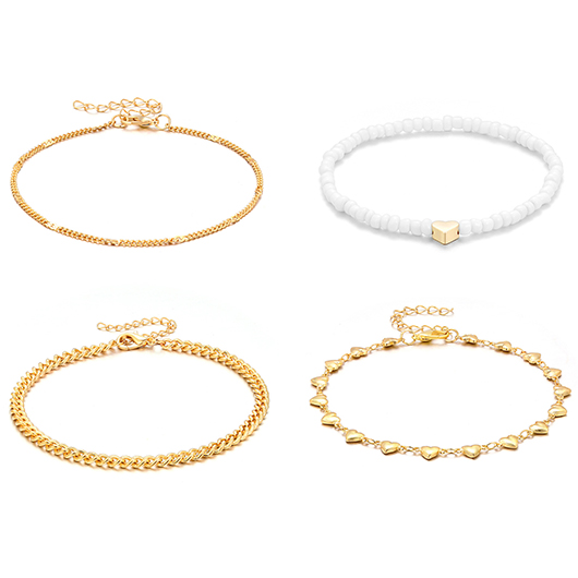 Gold jewelry,Heart jewelry,Heart Gold Alloy Beaded Layered Anklets
