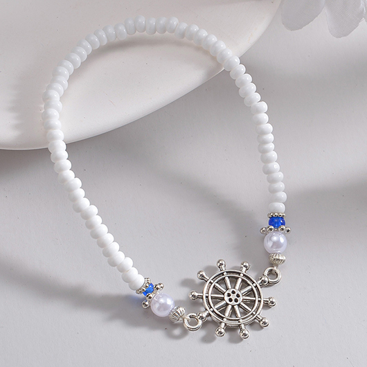 White Beaded Design Metal Detail Polyresin Anklet