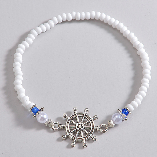 White Beaded Design Metal Detail Polyresin Anklet