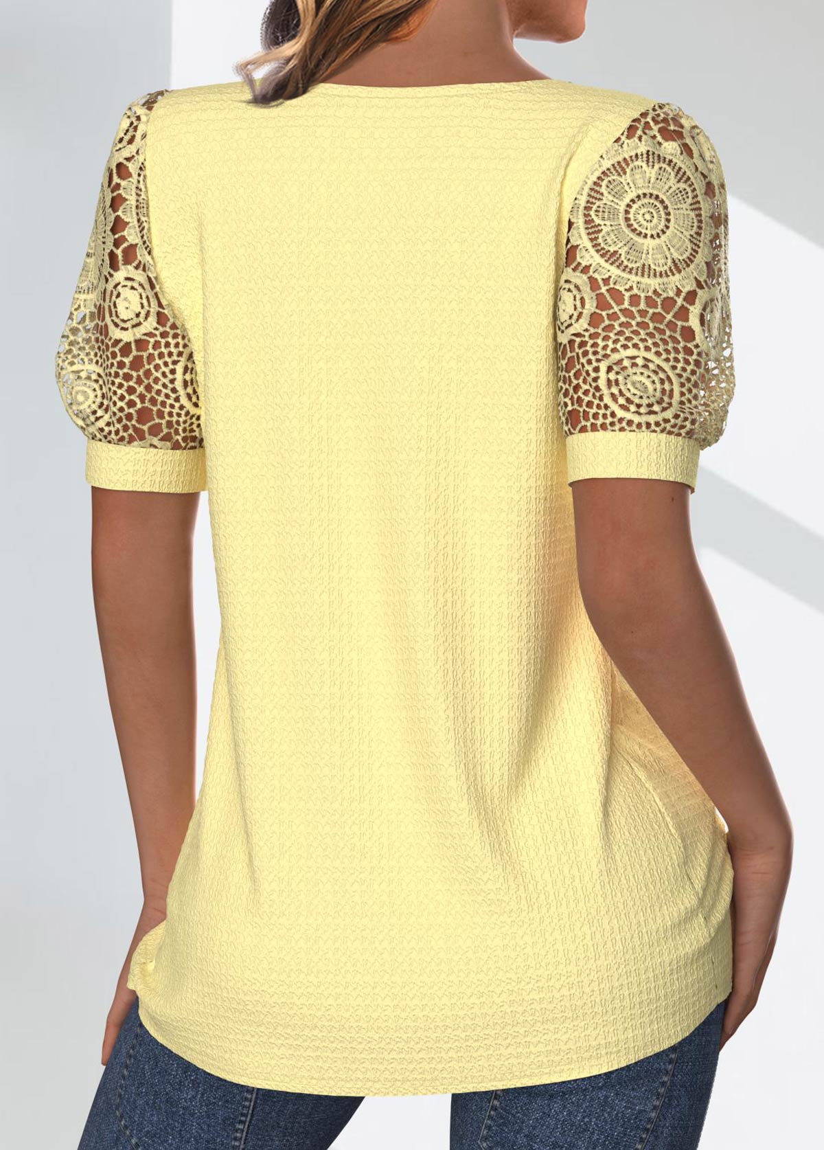 Light Yellow tops,Plain Color tops,ROTITA Tuck Stitch Light Yellow Split Neck T Shirt