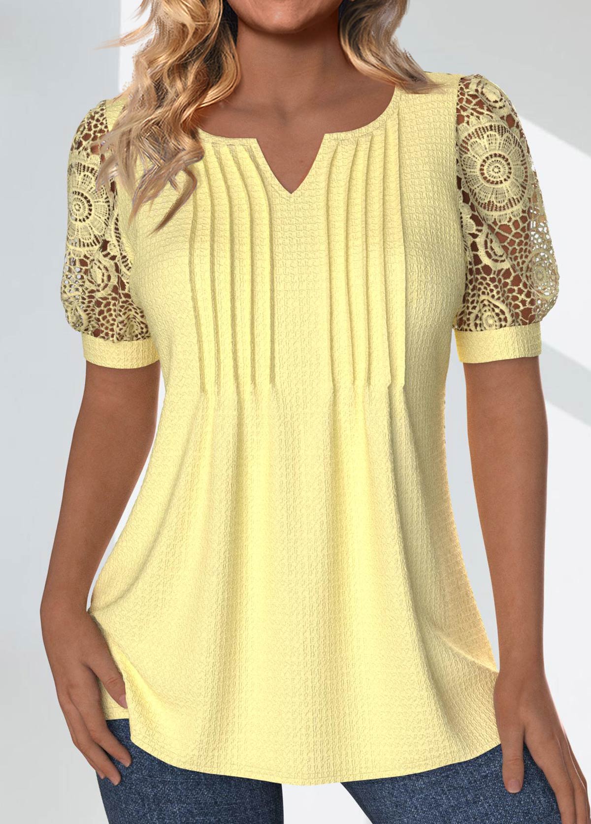 Light Yellow tops,Plain Color tops,ROTITA Tuck Stitch Light Yellow Split Neck T Shirt