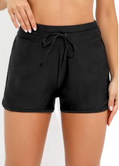 Black swimwear,Plain Color swimwear,ROTITA Mid Waist Black Drawstring Detail Swim Shorts