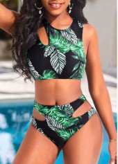Black swimwear,Green swimwear,Plants swimwear,ROTITA Cut Out Black Leaf Print Mid Waisted Bikini Set