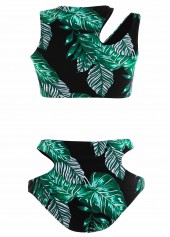 Black swimwear,Green swimwear,Plants swimwear,ROTITA Cut Out Black Leaf Print Mid Waisted Bikini Set