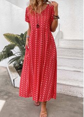 ROTITA Pocket Geometric Print Red Maxi A Line Dress