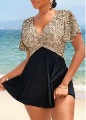 Light Camel swimwear,Black swimwear,Geometric swimwear,ROTITA Patchwork Light Camel Geometric Print Swimdress and Panty