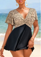 Light Camel swimwear,Black swimwear,Geometric swimwear,ROTITA Patchwork Light Camel Geometric Print Swimdress and Panty