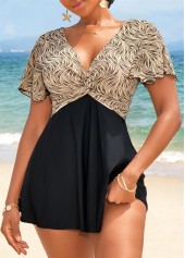 Rotita Patchwork Badekleid und Höschen in hellem Kamelhaar mit geometrischem Aufdruck