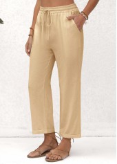 Light Camel bottoms,Plain Color bottoms,Pocket Beige Elastic Waist High Waisted Pants