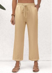 Light Camel bottoms,Plain Color bottoms,Pocket Beige Elastic Waist High Waisted Pants