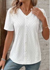 White tops,Plain Color tops,ROTITA Patchwork White V Neck Short Sleeve Blouse