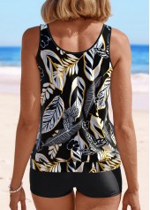 Black swimwear,Plants swimwear,Floral swimwear,ROTITA Patchwork Black Leaf Print Tankini Top