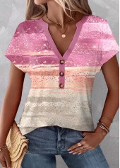 Pink tops,Ombre tops,ROTITA Patchwork Ombre Pink V Neck Short Sleeve T Shirt