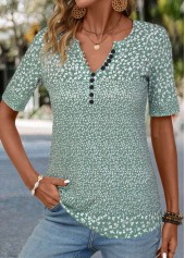 Sage Green tops,Ditsy Floral tops,Plants tops,Button Ditsy Floral Print Sage Green T Shirt