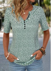Sage Green tops,Ditsy Floral tops,Plants tops,Button Ditsy Floral Print Sage Green T Shirt