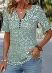 Sage Green tops,Ditsy Floral tops,Plants tops,Button Ditsy Floral Print Sage Green T Shirt