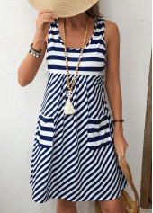 Marineblaues ärmelloses A-Linien-Kleid mit U-Ausschnitt und Streifenmuster und Taschen