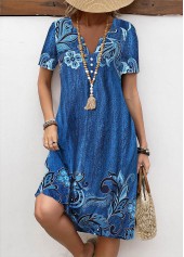 Rotita - Robe trapèze bleue en jean à imprimé floral et boutons