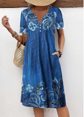 Denim Blue dresses,Floral dresses,Plants dresses,Denim-Effect Print dresses,Everyday dresses,Casual dresses,ROTITA Button Floral Print Denim Blue A Line Dress