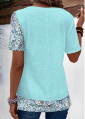 Light Blue tops,Tribal tops,Paisley tops,ROTITA Patchwork Tribal Print Light Blue V Neck T Shirt