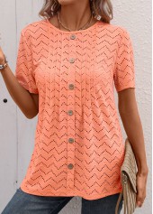 Orange tops,Plain Color tops,Tuck Stitch Orange Round Neck Short Sleeve T Shirt