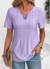 Light Purple tops,Plain Color tops,ROTITA Circular Ring Light Purple V Neck Short Sleeve Blouse