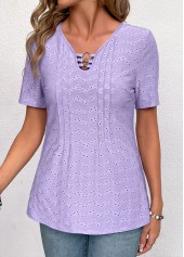 Light Purple tops,Plain Color tops,ROTITA Circular Ring Light Purple V Neck Short Sleeve Blouse