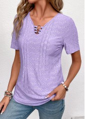 Light Purple tops,Plain Color tops,ROTITA Circular Ring Light Purple V Neck Short Sleeve Blouse