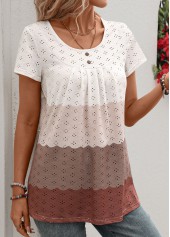 Dark Coffee tops,White tops,Contrast Color tops,ROTITA Patchwork Dark Coffee Round Neck Short Sleeve T Shirt