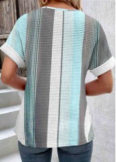 Blue tops,Grey tops,Striped tops,Geometric tops,ROTITA Patchwork Striped Blue Round Neck Short Sleeve T Shirt
