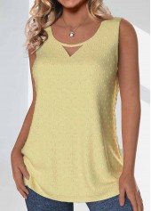 Light Yellow tops,Plain Color tops,ROTITA Button Light Yellow Round Neck Sleeveless Tank Top