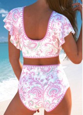 Pink swimwear,White swimwear,Paisley swimwear,ROTITA Surplice Pink Paisley Print Bikini Set