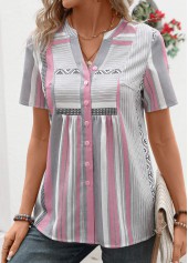 Pink tops,Striped tops,Geometric tops,ROTITA Patchwork Striped Pink Split Neck Short Sleeve Blouse