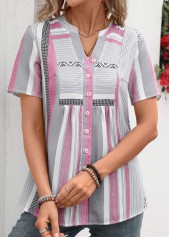 Pink tops,Striped tops,Geometric tops,ROTITA Patchwork Striped Pink Split Neck Short Sleeve Blouse