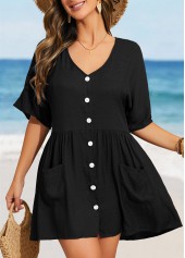 Black swimwear,Plain Color swimwear,Button Black Cover Up