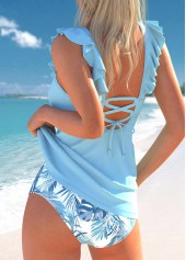 Light Blue swimwear,Plants swimwear,ROTITA Lace Up Light Blue Leaf Print Tankini Set