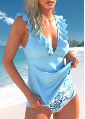 Light Blue swimwear,Plants swimwear,ROTITA Lace Up Light Blue Leaf Print Tankini Set