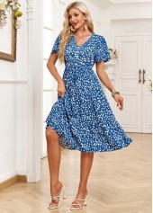 Denim Blue dresses,Ditsy Floral dresses,Party dresses,Elegant dresses,Pocket Ditsy Floral Print Denim Blue V Neck Dress